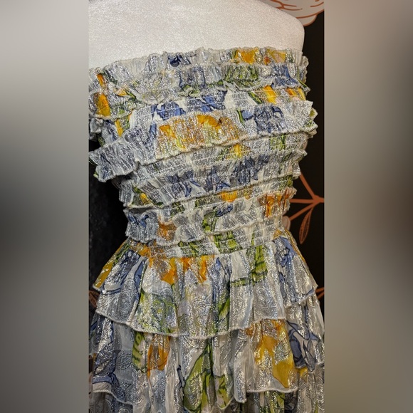 Metallic Strapless Ruffled Floral & Lemon Print Mini Dress - Picture 4 of 6